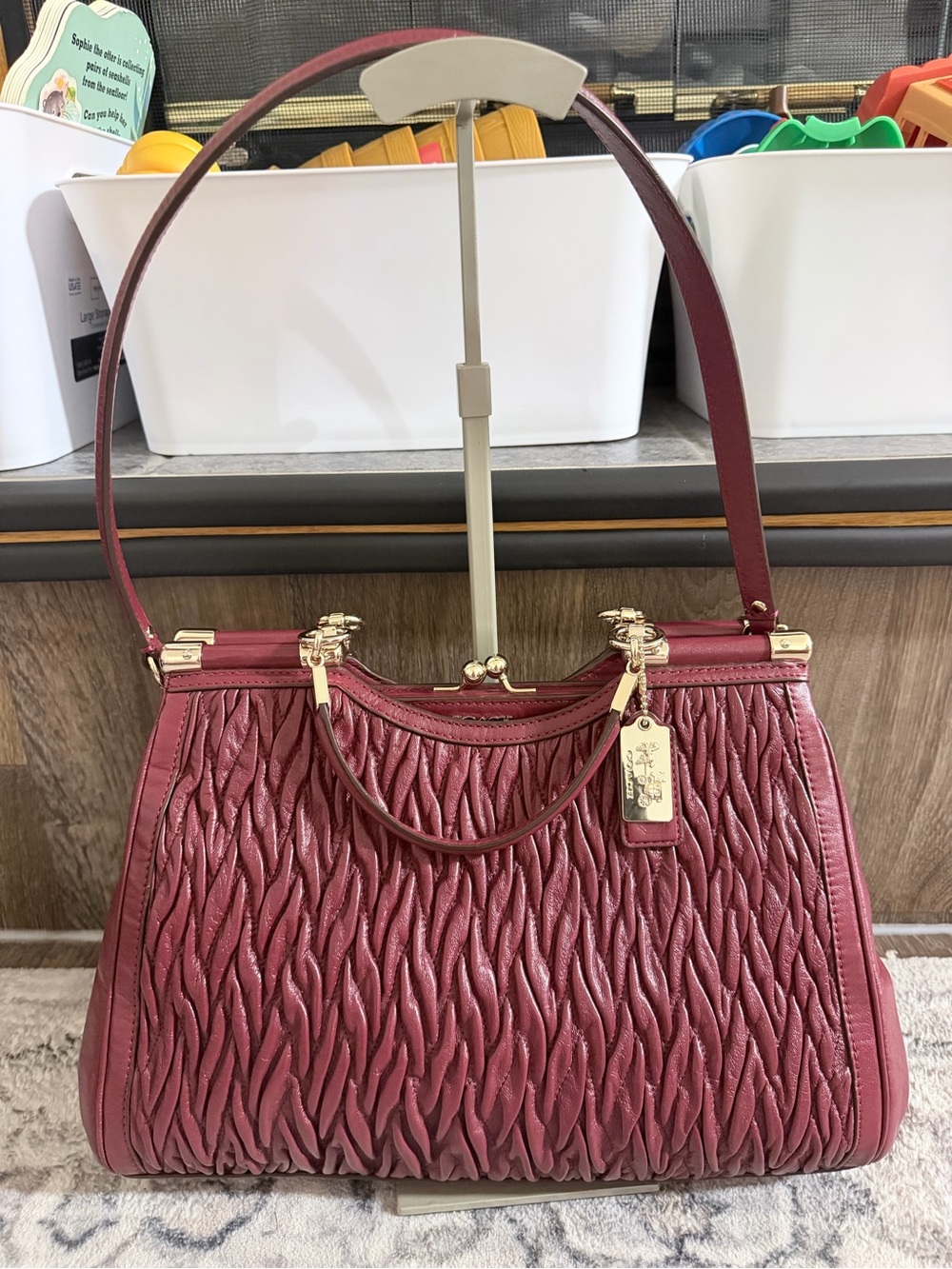 Coach Madison Kisslock Gathered Quilted Leather Satchel Burgundy Maroon